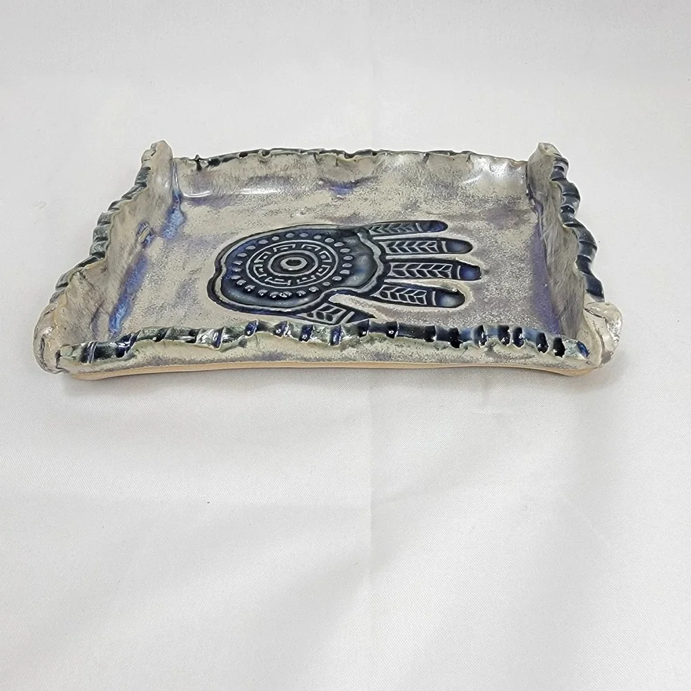 Artist Signed Healing Hand Hamsa Trinket Tray  Blue  Ceramic Pottery